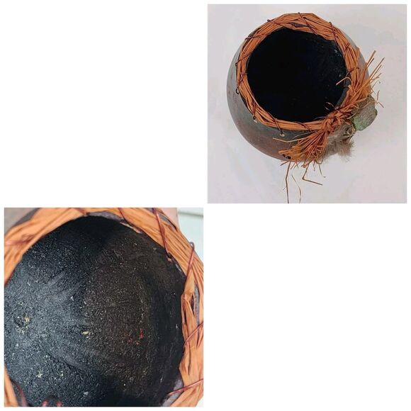 Hand Painted Gourd Bowl Handmade Art Feathers Agate Signed Brown Green - Picture 6 of 11